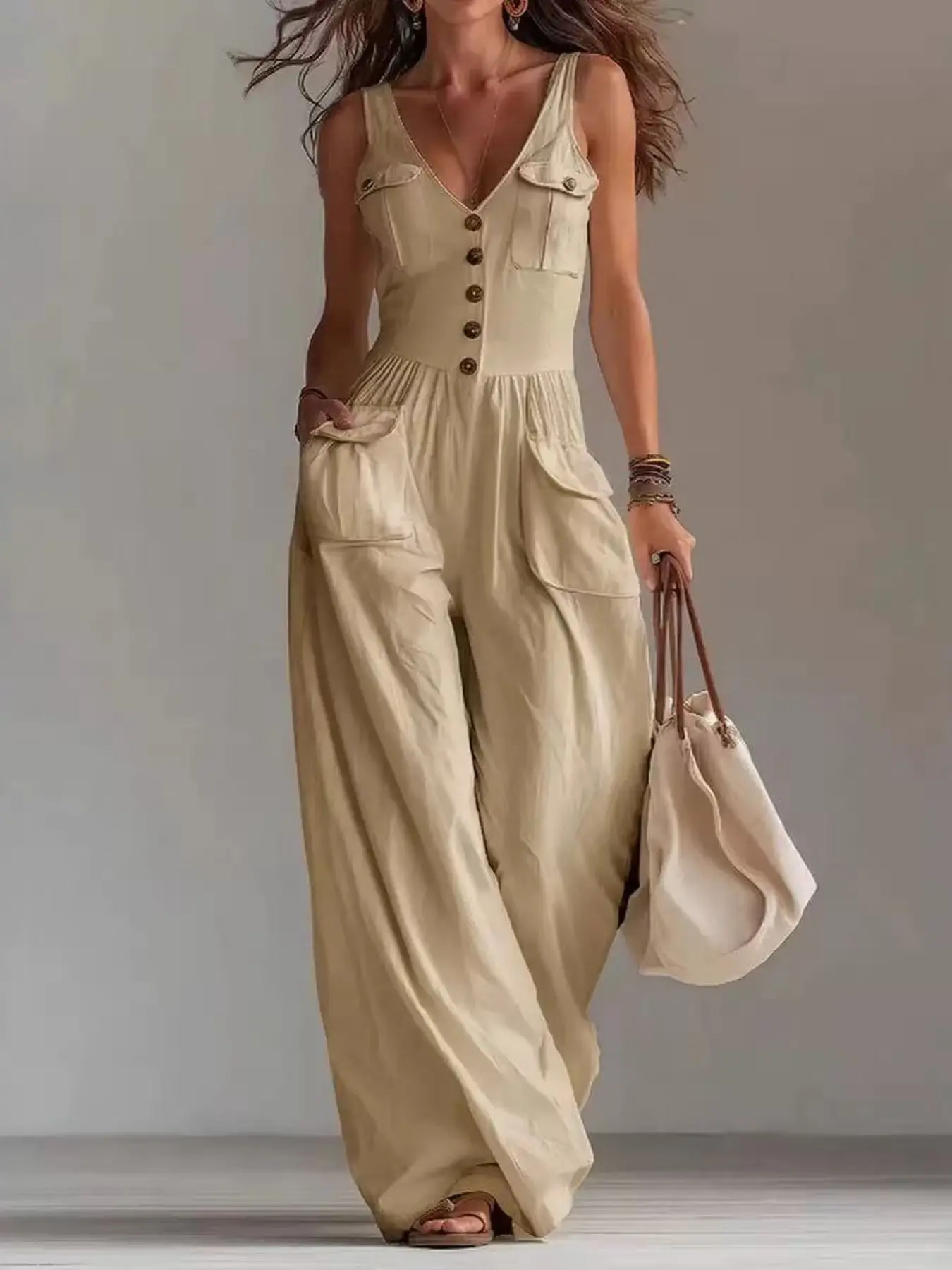 Women's Plain Button Pocket Loose-Fit Casual Jumpsuit, Summer Jumpsuit, Comfortable Strapless Design, Perfect for All Seasons, Ideal for Daily Wear