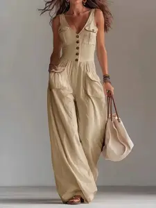 Women's Plain Zipper Button Pocket Jumpsuit, Loose-Fitting Casual Backless Overall, All-Season Comfortable