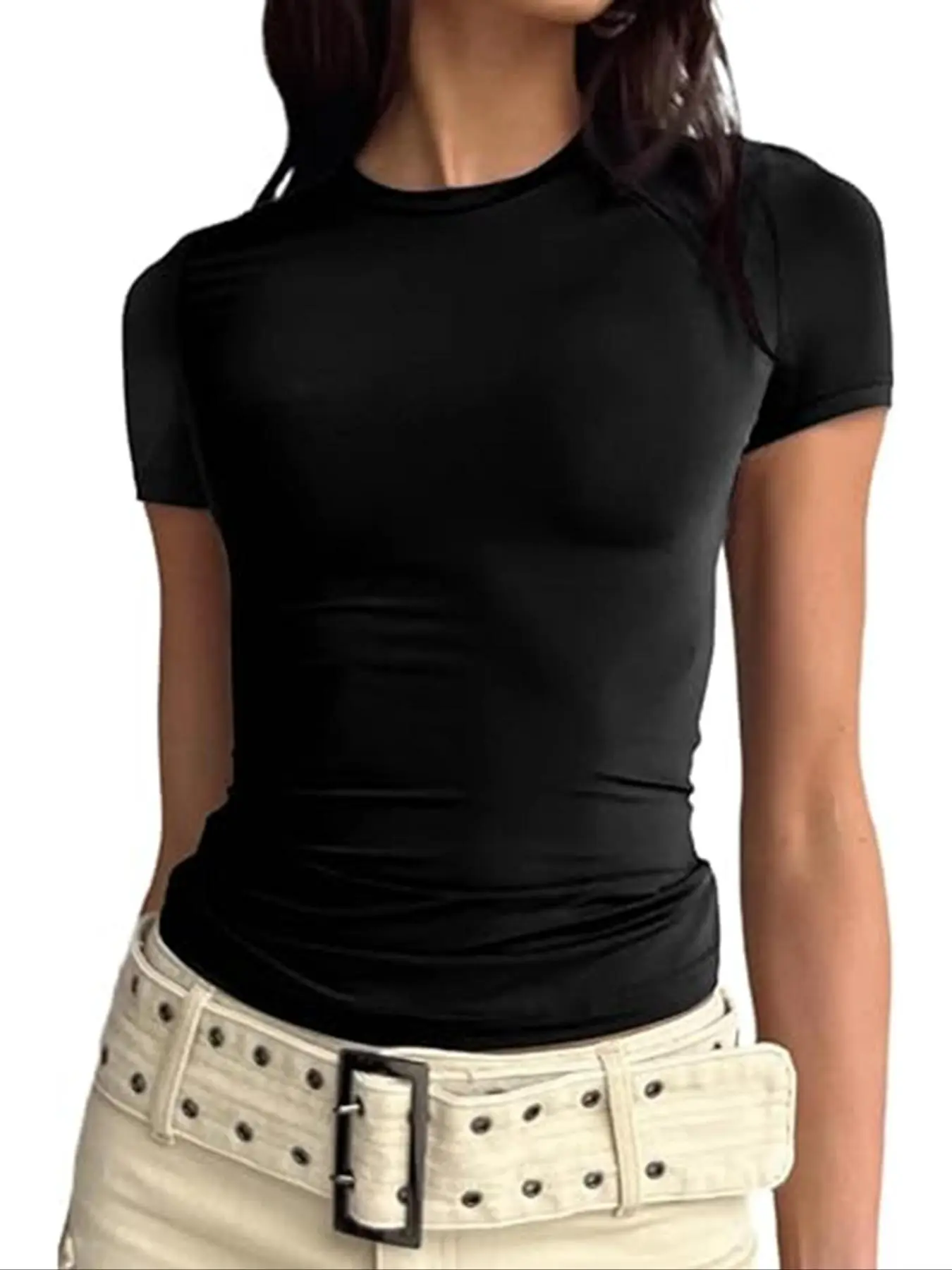 Women's Soft Plain Round Neck Slim-fit Tee Top, Casual Basic Short Sleeve Crew Neck T-shirt, Ladies Clothes, Womenswear, Summer Outfits 2024
