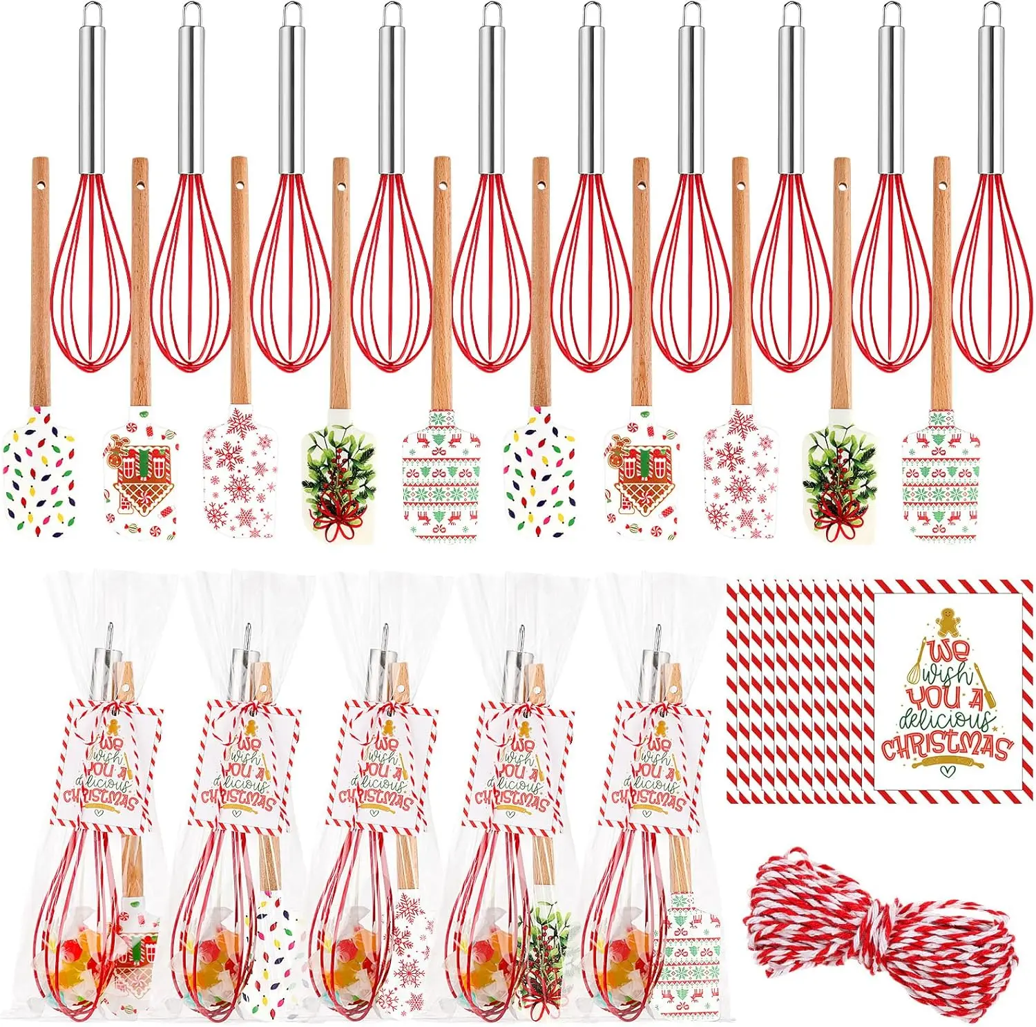 Christmas Bakeware Gift Set (10/12/20/24-Piece) - Unisex Baking Tools with Silicone Spatula, Stainless Steel Whisk, Greeting Card, OPP Bag, Roll Rope - Mini Gift Sets for Mom, Xmas Kitchen Cooking Kit for Neighbors