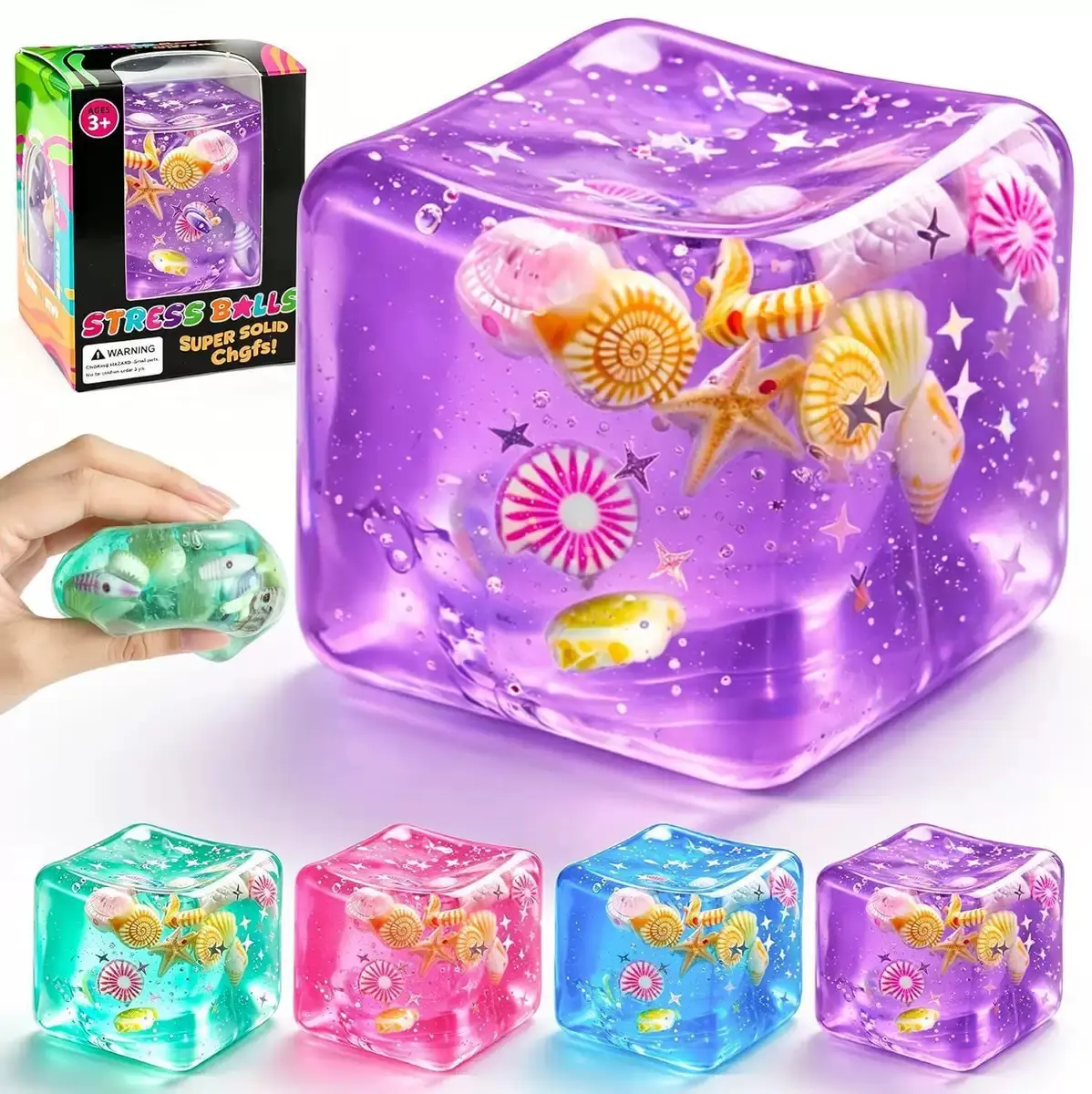 Cute Simulated Fruit Cube & Ocean Shell Squishy Toys, Soft Ice Shape Fidget Squeeze Toy, Novelty Stress Relief Gift for All Ages