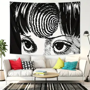 Gothic Horror Spiral Head Tapestry – Junji Ito Inspired Japanese Horror Wall Hanging, Dark Aesthetic Anime Decor (Black & White)