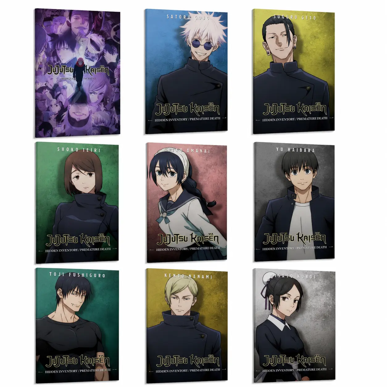 Jujutsu Kaisen Frameless Canvas Poster Set - Graphic Anime Wall Art with Detailed Character Artwork of Gojo, Geto, Itadori, Nobara for Indoor Bedroom, Gaming Room Home Decor