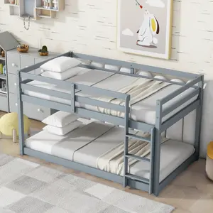 Low Bunk Bed Twin over Twin, Solid Rubber Wooden Floor Bunk Bed Frame with Ladder ,Upper and Bottom Bed Platforms crafted with Strengthened Slats