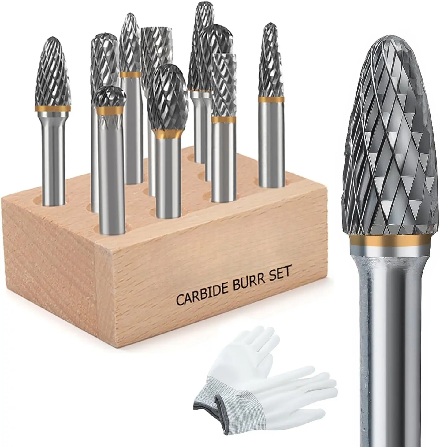 Tungsten Carbide Burr Set, 10 Count 1/4" Shank Double Cut Rotary Burrs for Metal, Sculpting, DIY Arts and Crafts, with Ingersoll Rand Compatibility, Stored in Wooden Case, Metalwork