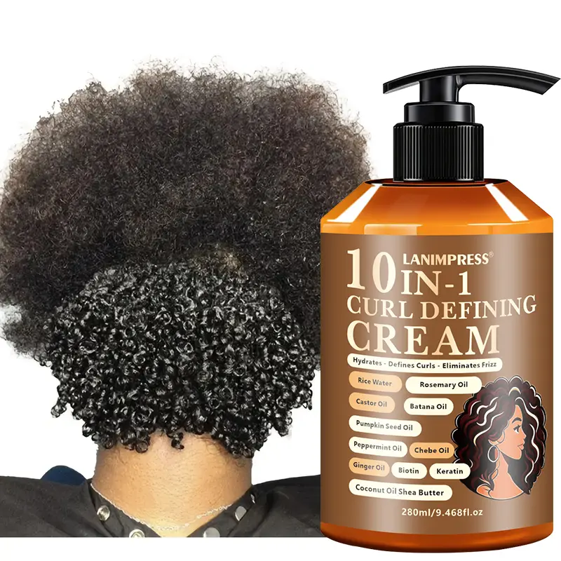 LANIMPRESS 10 In 1 Curl Defining Cream, Leave-In Anti Frizz Curl Cream, Hydrating Curl Enhancer Styling Cream for Wavy Curly Coarse Hair, Natural Hair Care for African American Hair 0.62lbs