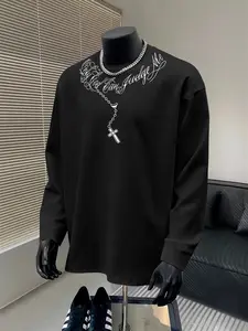 Men's Slogan Cross Print Round Neck Long Sleeve Fitted T-Shirt, Attitude Text & Religious Elements, Casual Daily Wear, All Seasons