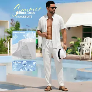 Gihuo Men's 2 Piece Outfits Striped Textured Short Sleeve Shirts & Pants Set Summer Casual Beach Tracksuits Clothes Menswear Top Formal Trouser Gamis Sun Tropical Breathable Classic Crew Neck Elastic