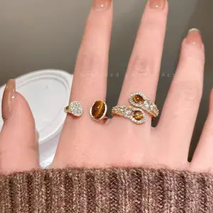 2026 New Women's Snake Motif Tiger's Eye Alloy Ring, Vintage Charm Unique Design, High-End Light Luxury Adjustable Open Band Statement Jewelry for Sports & Outdoor Protective Gear Accessory