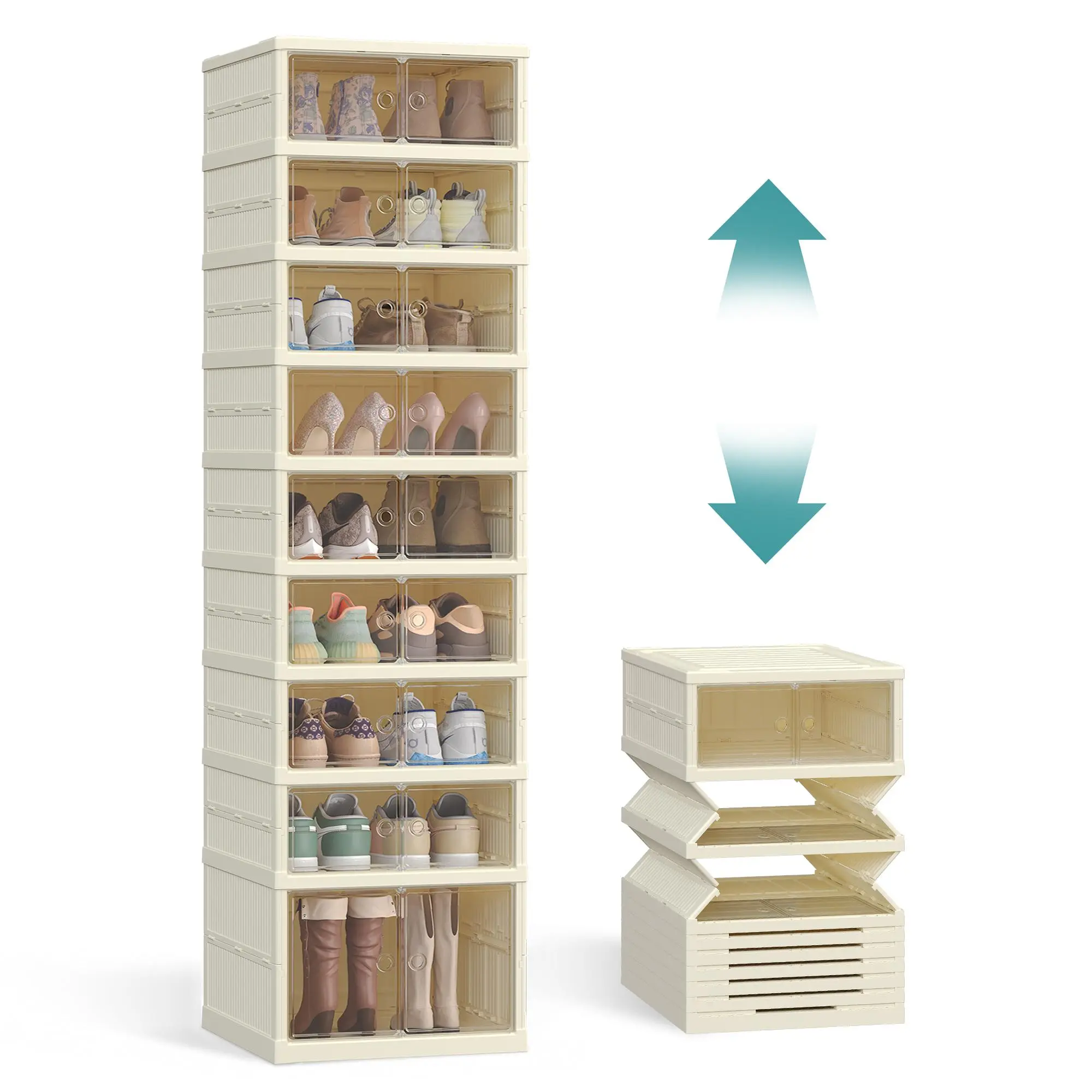 SONGMICS Foldable Shoe Organizer - Freestanding Closet Organizer System with Magnetic Door, Stackable Durable Plastic Furniture Storage for Closet, Entryway