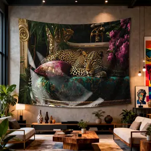 Leopard resting on a luxury cushion Digital printing polyester wall tapestry suitable for use in living rooms bedrooms offices bars party