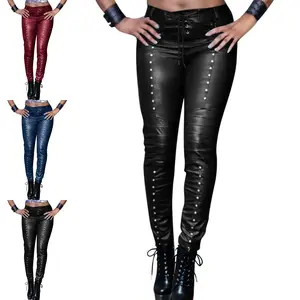 Beotyshow Women's Faux Leather Leggings Gothic Punk Skinny PU Leather Pants Mid Rise Novelty Studded Tight Pants