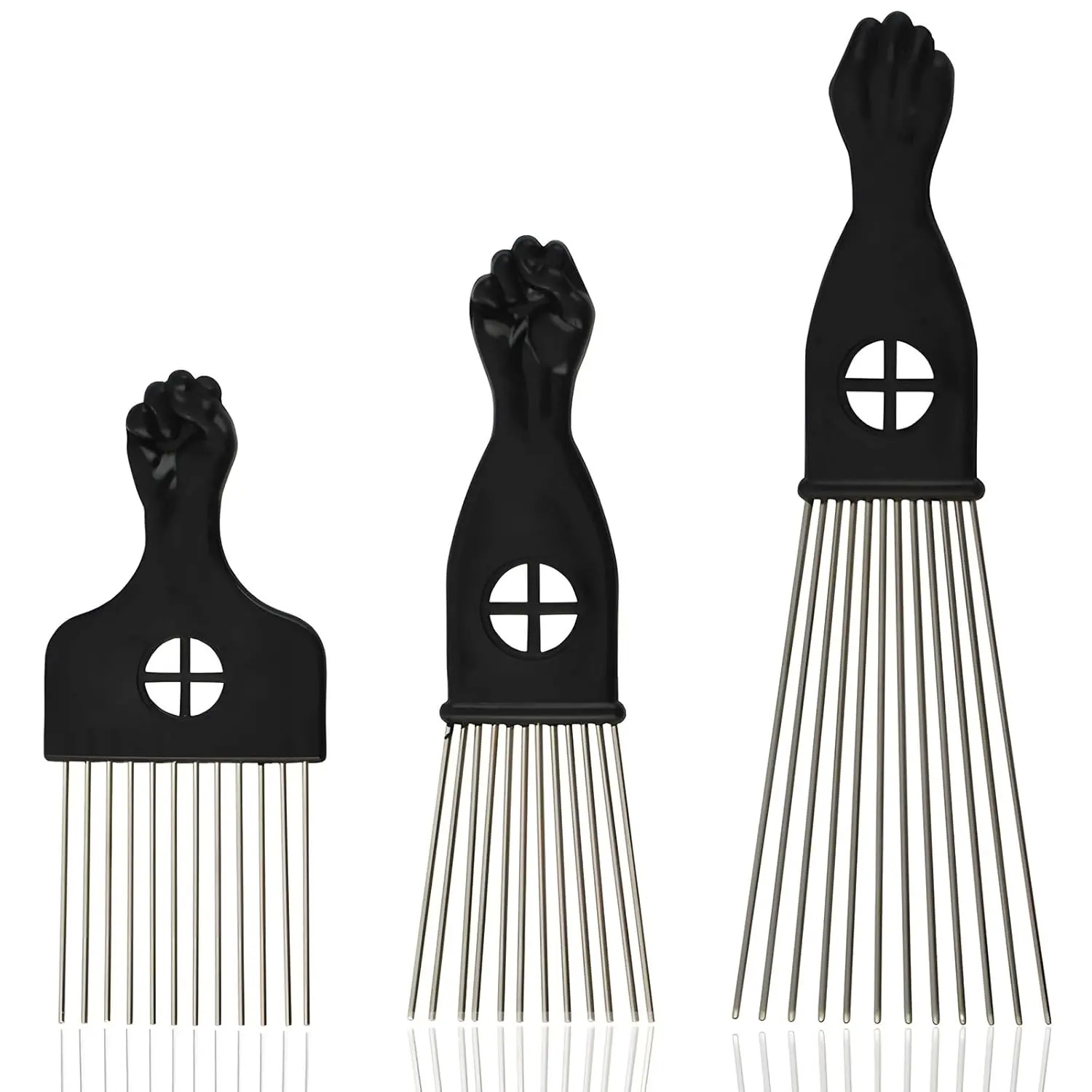 3-Piece Stainless Steel Afro Hair Pick Set, Fist Design for Men & Women, Perfect for Natural Curly Afro Hair, Essential Hairdressing Styling Tool