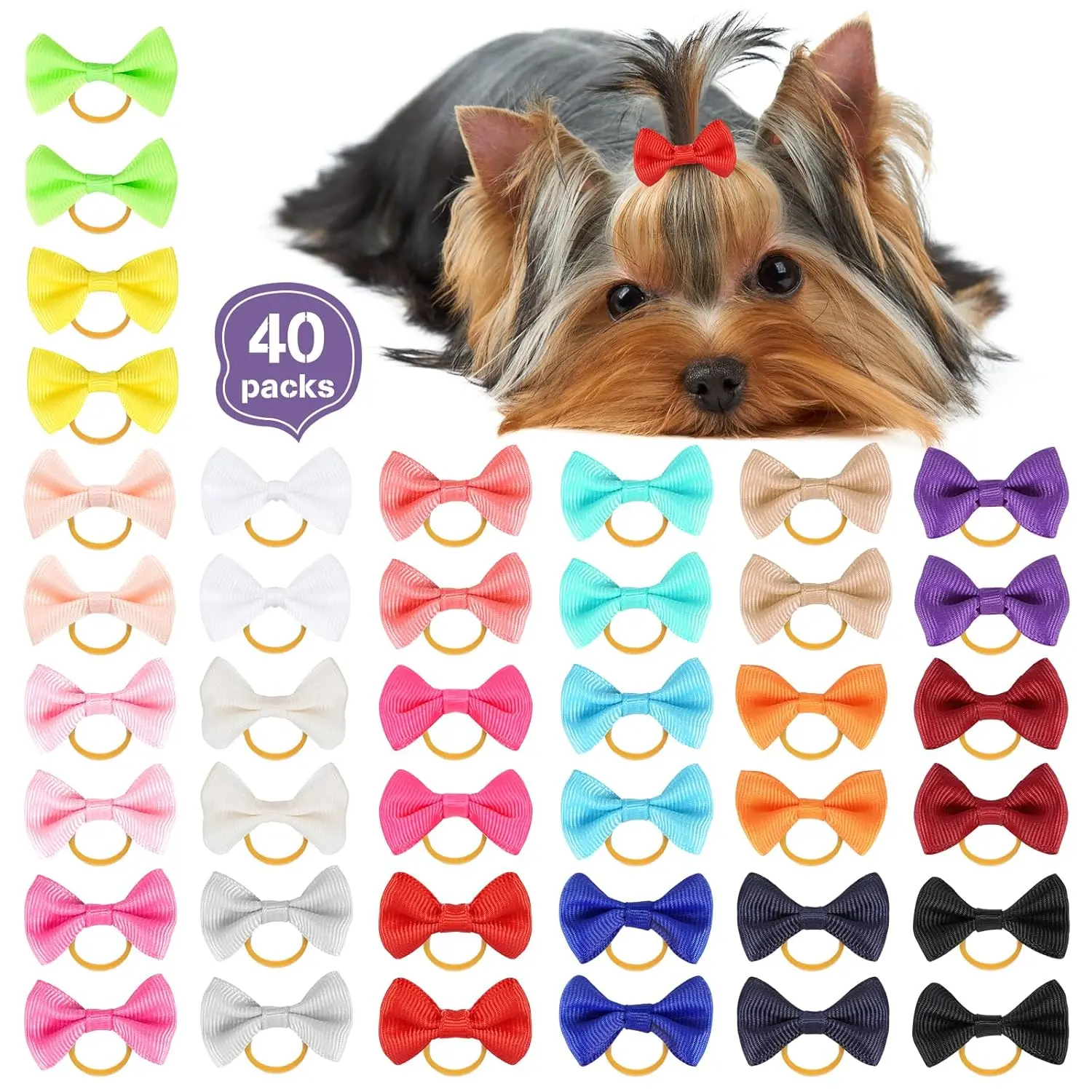 40pcs(20pairs) Puppy Yorkie Dog Hair Bow Pure Ribbon with Rubber Band 40mm, Mix Colors Varies Patterns Pet Grooming Products (Pure Color Bows)