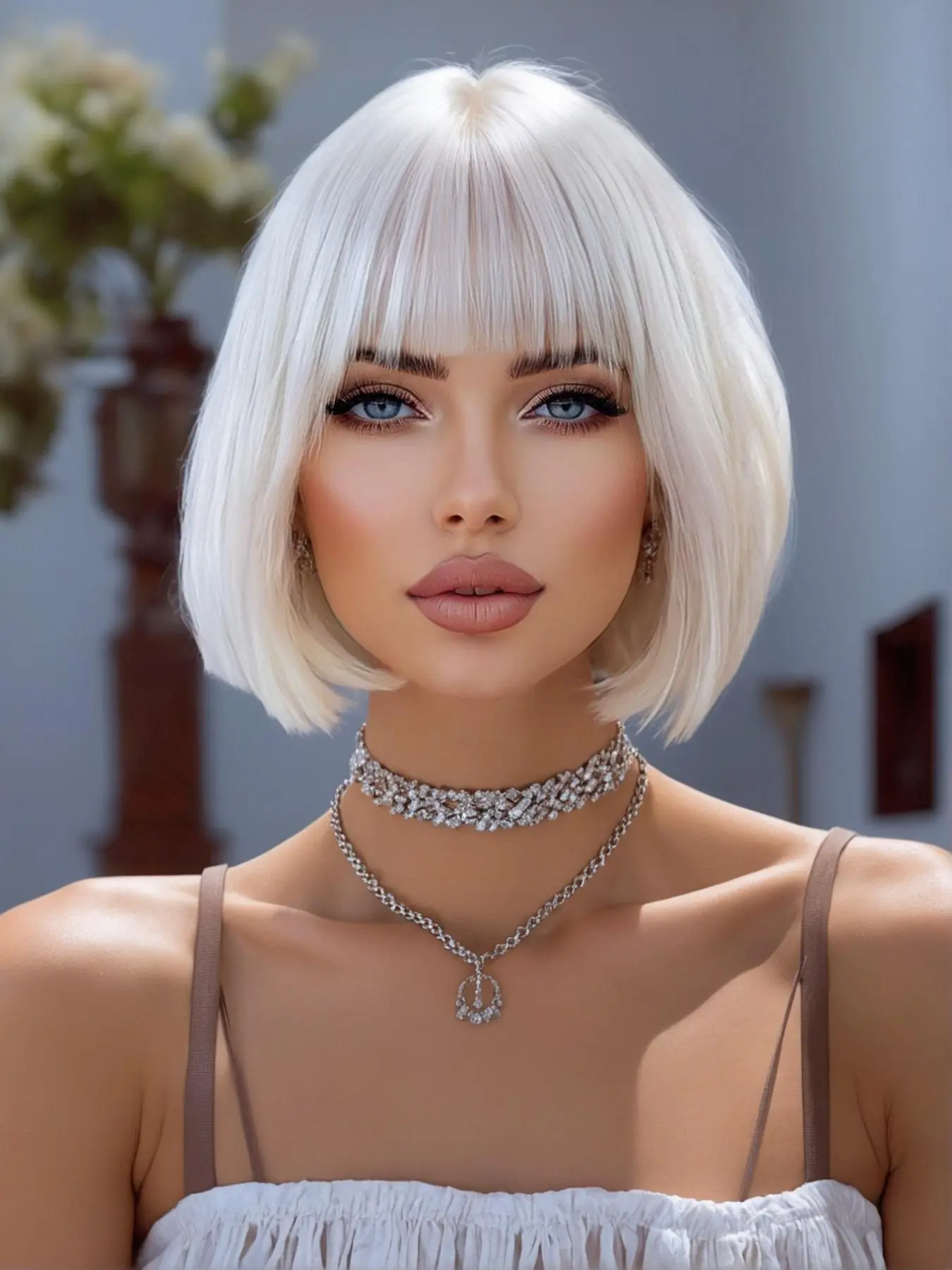 12 Inch Short White Straight Wigs for Women, Gorgeous Fluffy Natural Looking Wigs with Bangs, Synthetic Full Machine Wigs for Party, Daily Use, Straight Hair Wig