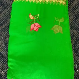 Soft Chiffon Saree in Green with Pink Floral Embroidery and Gold Trim Details
