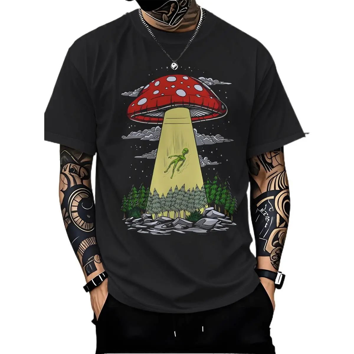 Men's Soft Cotton Crewneck T-Shirt with Vibrant Graphic, Relaxed Fit Shortsleeve Streetwear Tee with Ribbed Edges