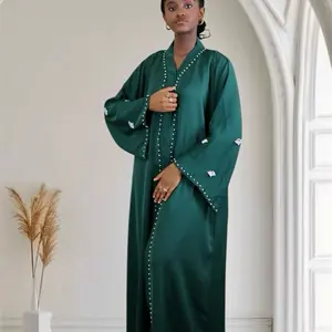 Ayesha's Green Pearl Abaya - Elegant Modest Design with Pearl Detailing & Nida Fabric