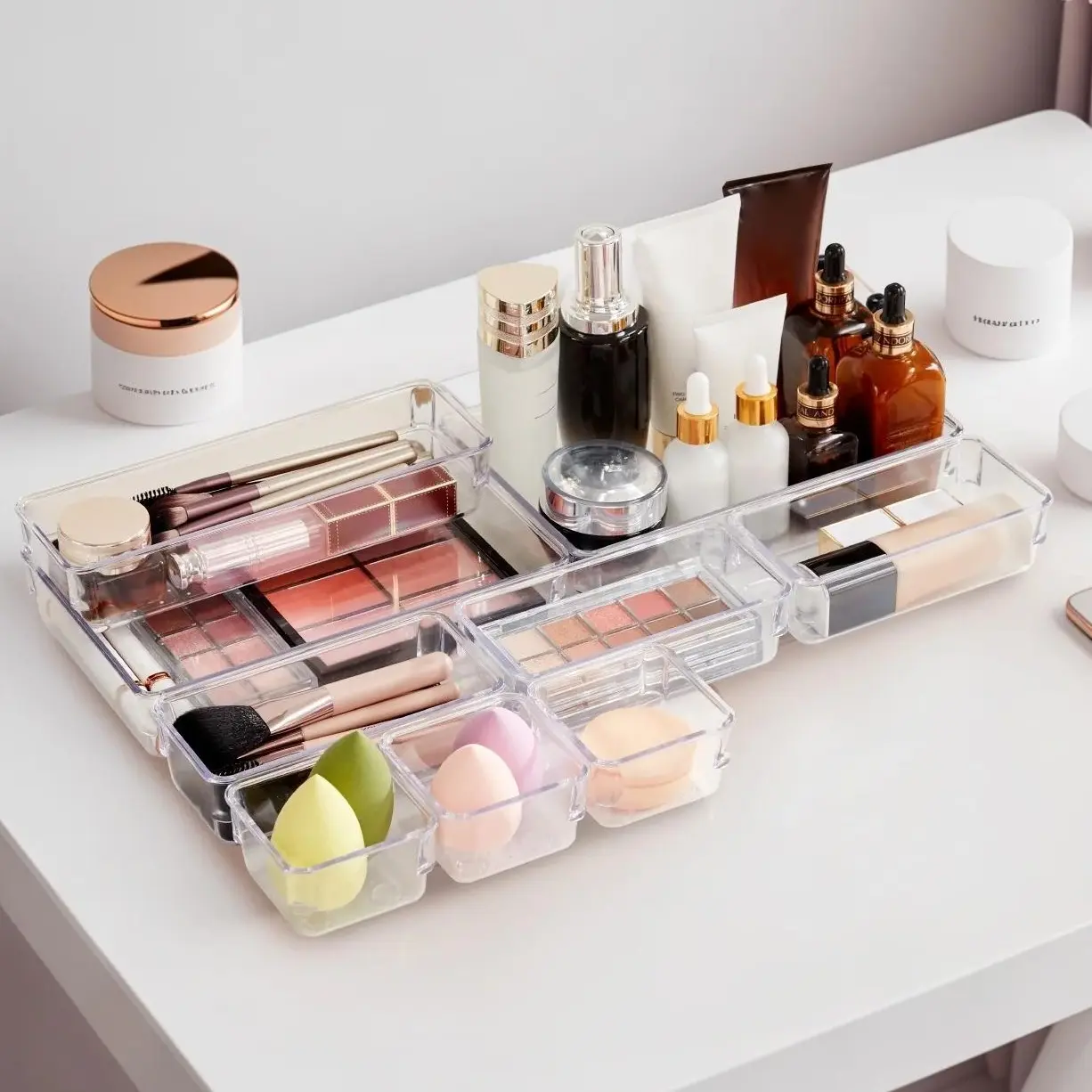 25/8 Pcs Clear Plastic Drawer Organizer Set, 4 Sizes Non-Slip Customizable Storage Bins, Drawer Divider Trays for Makeup Kitchen Bathroom Office Home Organization