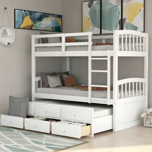 Twin over Twin Bunk Bed with Ladder, Safety Rail, Twin Trundle Bed with 3 Drawers for Teens Bedroom, Guest Room Furniture(White)