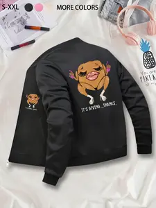 Thanksgiving Funny Turkey Printed Jacket - Versatile Casual Bomber Jacket, Zip-Up, Stand Collar, Polyester Knit Fabric, Fitted Design, Pocket Detail, Suitable for Autumn & Winter.