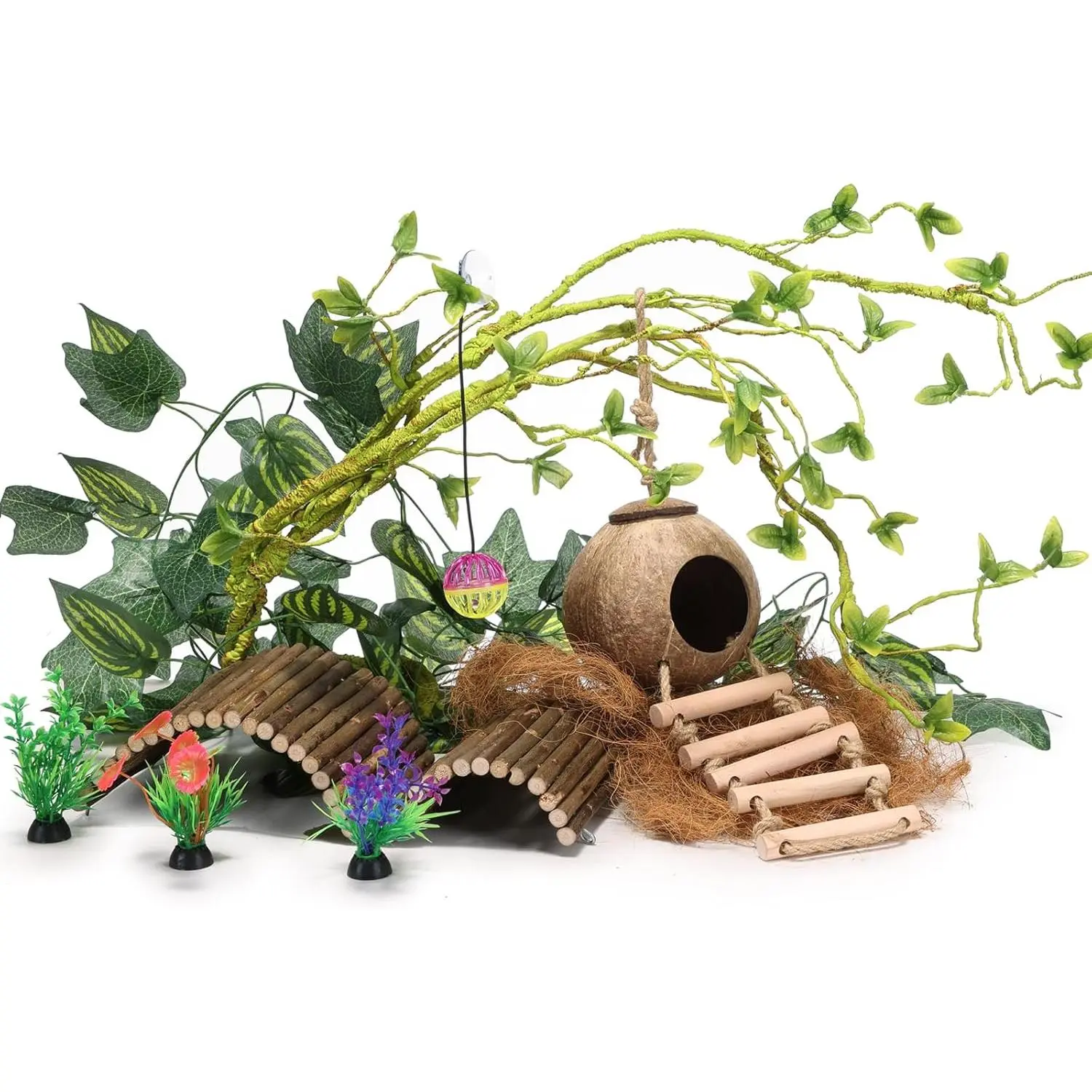 Crested Gecko  Accessories,Reptile Vines  with Coconut Shell Ladder Hideout Hermit Crab Decor for Bearded Dragon Lizard Chameleon Tortoise Snake
