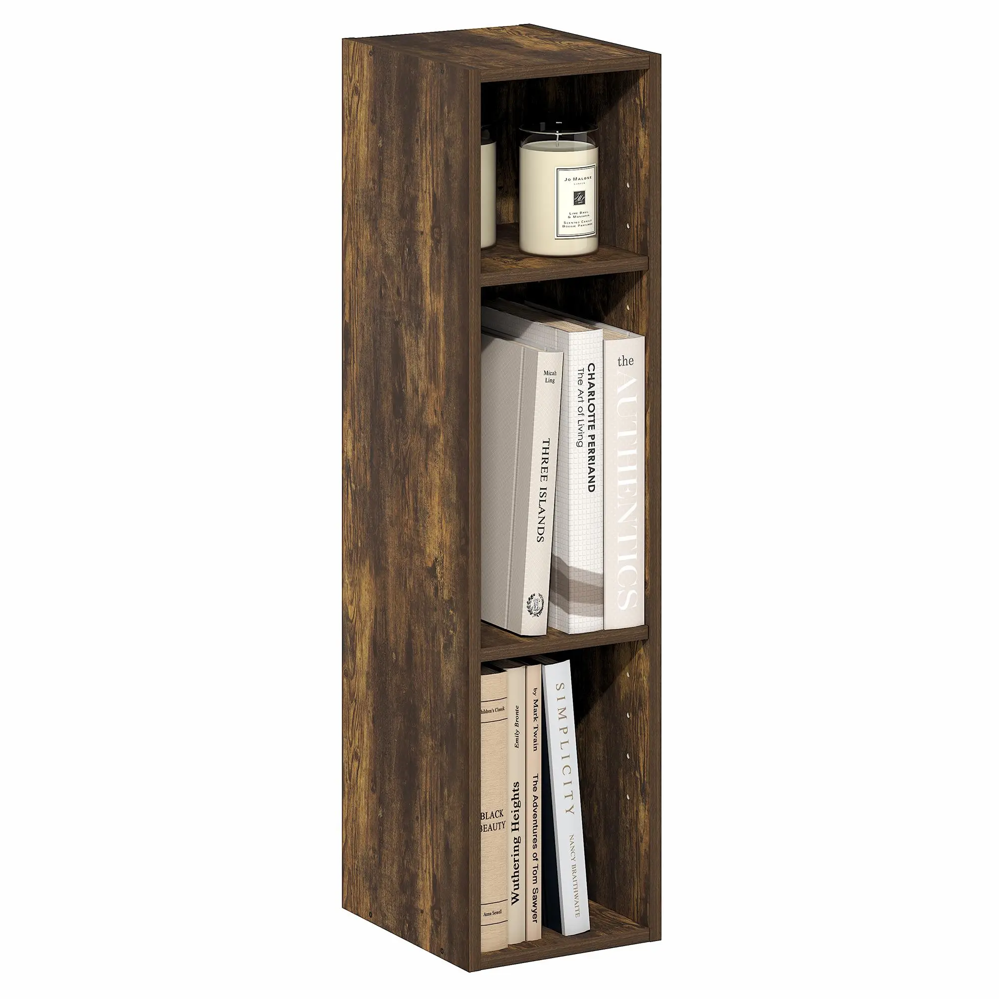 FULDA Freestanding 3-Tier Narrow Engineered Wood Bookshelf - 8-in Width Slim Profile Compact Elevated Shallow Corner Rack, 9.3x7.9x31.5 in, Minimalist Small Space Decor Dorm Finds Useful Finds for Living Room Dorm Storage (Amber Pine)