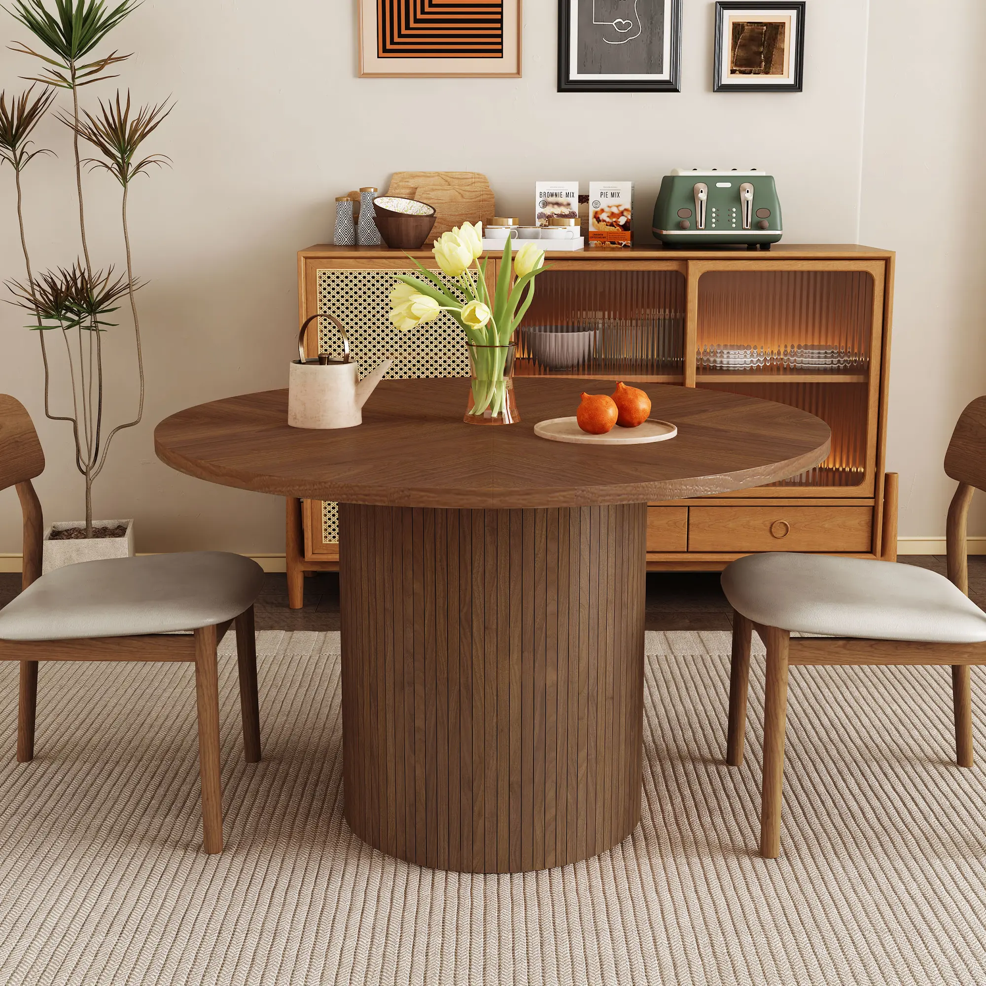 Giratree 47.2'' Round Dining Table for 4-6 People, Modern Farmhouse Kitchen Table with Rattan Pedestal Base for Dining Room, Living Room and Small Spaces