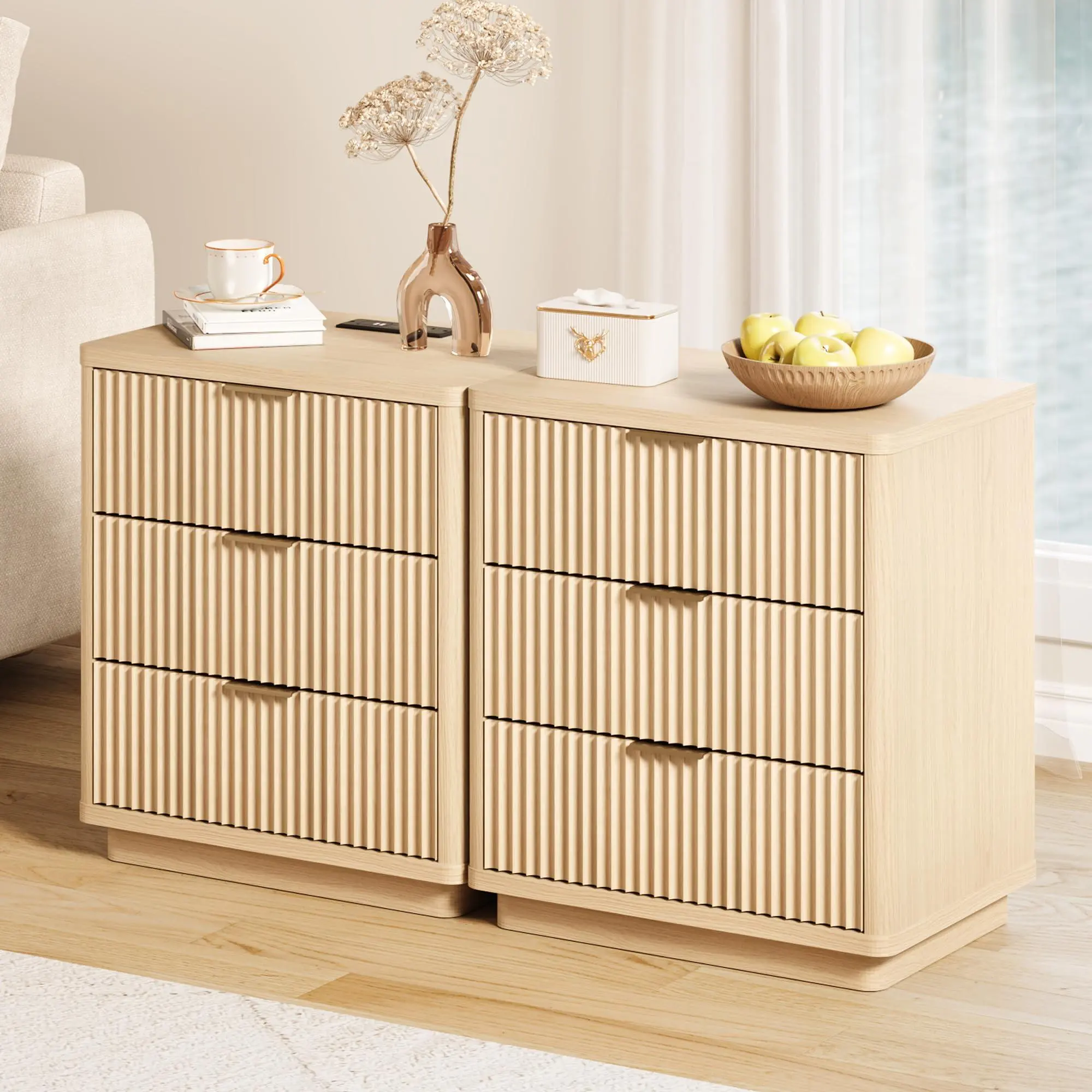 Gaomon 2-Piece Modern Fluted Rectangular 3-Drawer Bedside Table Set with Outlet & Charging Ports, Light Wood End Table with Metal Handle, Space-Saving Storage for Bedroom & Living Room