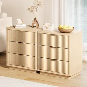 Nightstand Set of 2, 3 Drawers Nightstand Fluted Bedside Table with Outlet, Light Wood Night Stand with Storage, Modern End Table with Metal Handle for Bedroom and Living Room, Space Saving