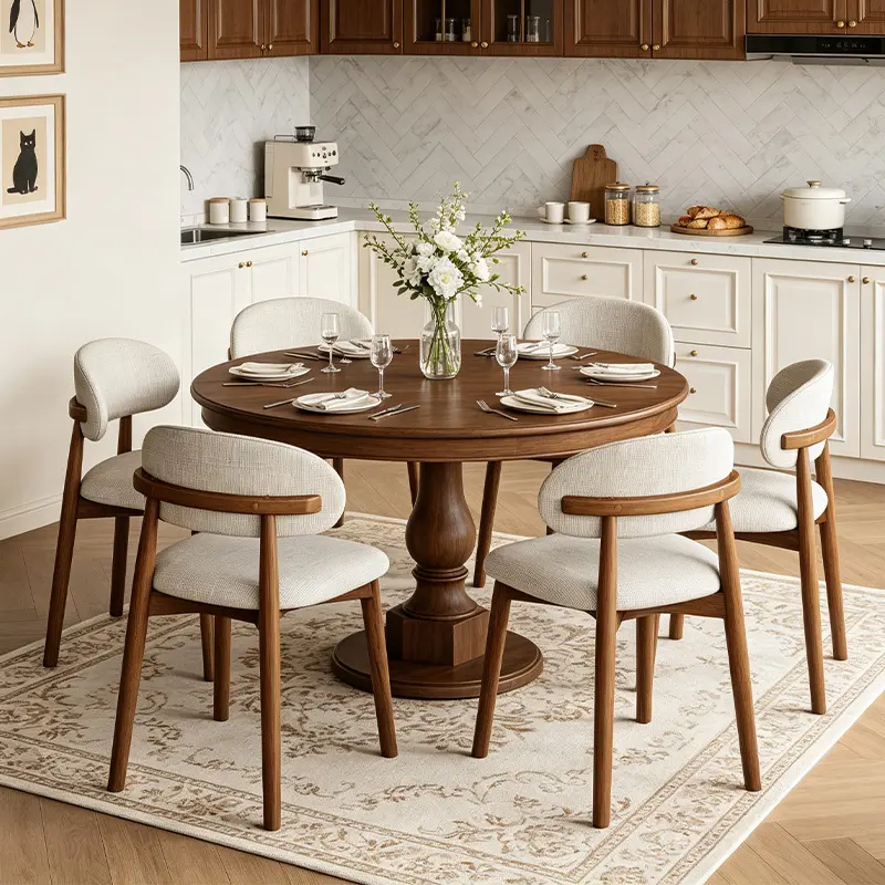 American country retro modern dining chairs (set of 2), cream linen seat cushion, sturdy solid wood legs, no armrests, non-slip, suitable for rectangular restaurant/kitchen tables