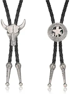2Pcs Leather Tie Necktie Cow Skull Texas Ranger Star Chain for Men Rodeo Bolo Tie Necktie