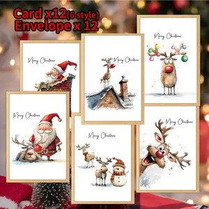 12pcs Funny Reindeer & Santa Christmas Greeting Cards with Envelopes - Festive Holiday Cards for Family, Friends, and Colleagues - Suitable for Xmas, New Year and Thank You Occasions