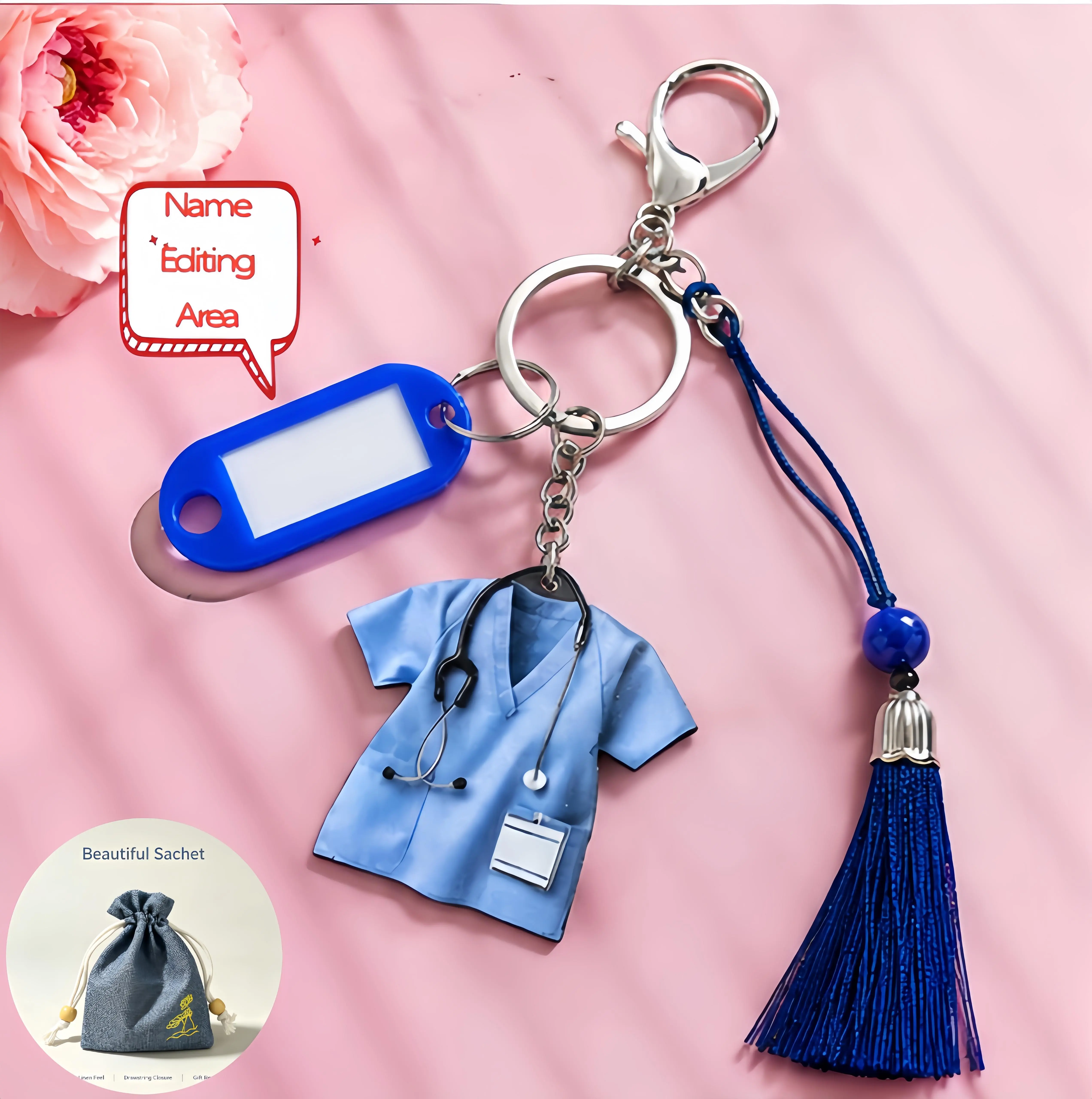 Acrylic 2D keychain charm with a beautifully designed sachet. Featuring a cute pink-and-blue medical uniform design and signature space, it’s perfect for a nurse’s ID badge, bag charm, or a lovely gift for a nurse friend.