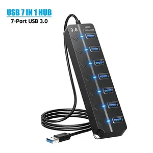 Multiple Ports 3.0 USB Hub Connector, 7 Ports USB Hub Splitter, Individual LED Power Controller & Indicator, Supercharge USB Connectivity with 120 CM Cable