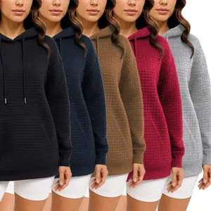 Women's Waffle-Weave Hoodie Women's Long-Sleeve Hooded Sweatshirt Featuring Kangaroo Pockets Multi-Color Drawstring Basic Hoodie Essential Women's Fall/Winter Top Comfortable Women's Outerwear Jacket