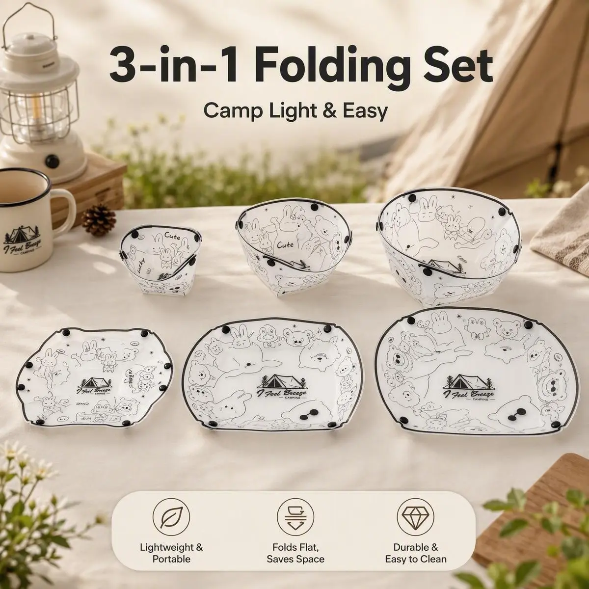 Cartoon Print Foldable Silicone Plate Set (3-Piece Multi-Size), Microwave Safe Collapsible Camping Bowl, Portable Reusable for Outdoor Meals, Fits Backpacks Picnic Hiking Gear