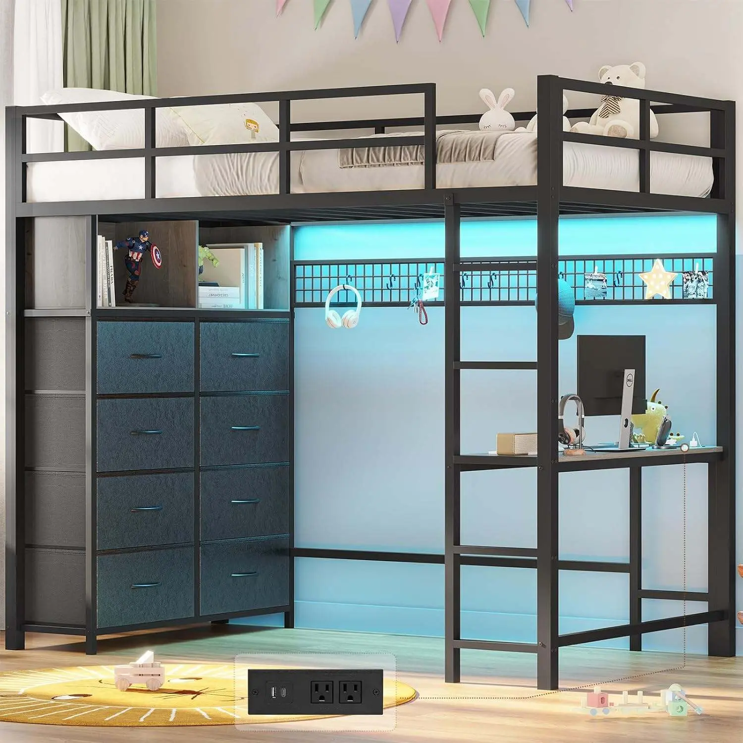 SIKAIC Twin LED Loft Bed Frame with Desk & 8 Drawers, Sturdy Metal High Bed with Charging Station for Kids, Teens, College Dorm