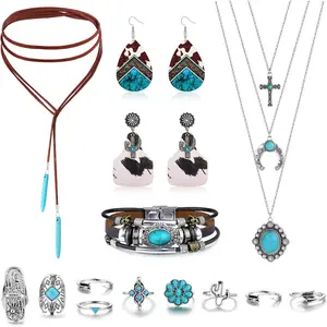 Western Turquoise Jewelry Set for Women | Boho Cowgirl Aesthetic Accessories | Turquoise Choker Necklace, Wood Dangle Earrings, Leather Bracelet & Vintage Stacking Rings | Complete Festival Jewelry Gift