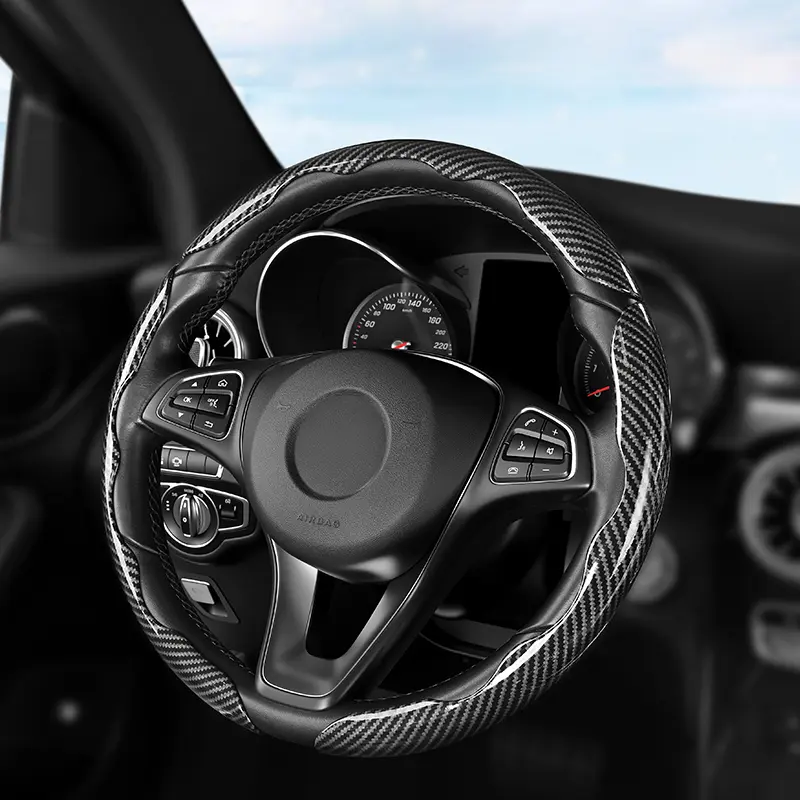 Carbon Fiber Steering Wheel Cover 3PCS Set – Anti-Slip, Scratch-Resistant, Universal Fit for 14–16 Inch Wheels – Interior Car Accessories for Cars, SUVs, Trucks, Steering Wheel Decor, Black Steering Wheel Cover