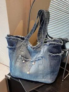 Retro denim distre raw edge design shoulder crossbody bag, pearl chain decoration, Crossbody with chain, practical, exquisite and versatile, niche design for college students, daily commuting, shopping, Denim Shoulder Satchel