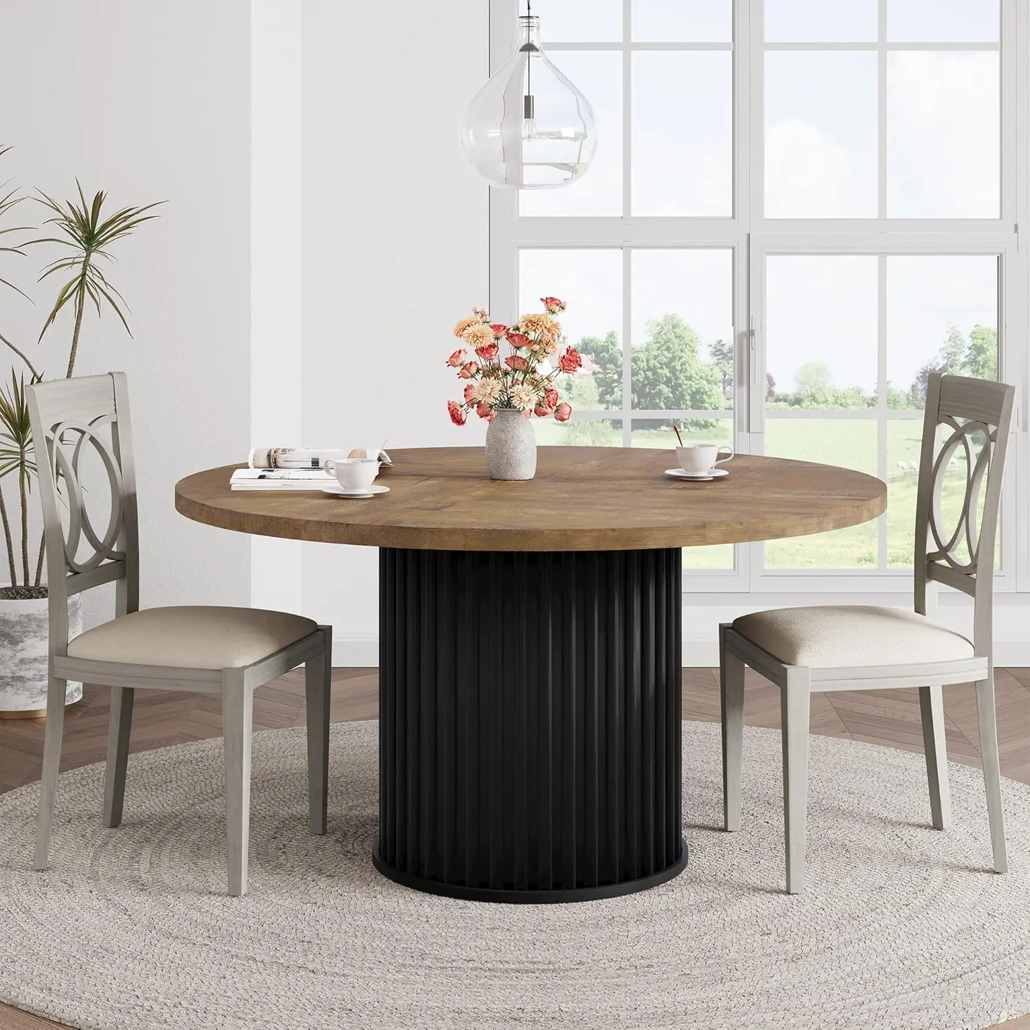 GAOMON 47" Round Dining Table for 4-6 People, Dining Room Table with Sturdy Waveform Metal Pedestal Base, Farmhouse Circle Kitchen Table for Dining Room, Kitchen