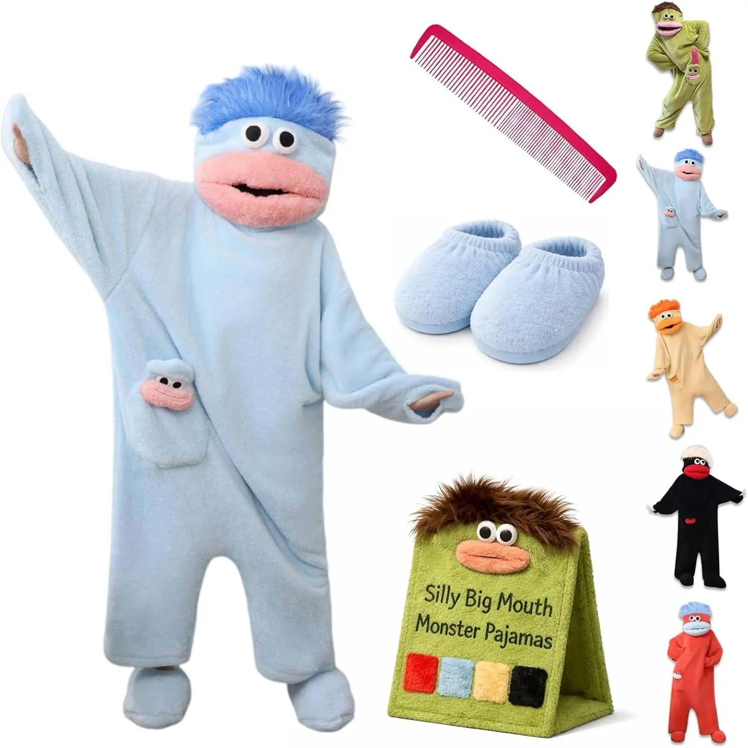 Monster Costume Onesie, Plush Fleece Body Suit & Colorful Puppet Head Character Style, 5 Fun Colors, For Adults Slumber Parties & Holiday Cosplay Gatherings, All-Day Comfortable Warm Funny Shareable Unique Look, Machine Washable, Perfect Gift Set