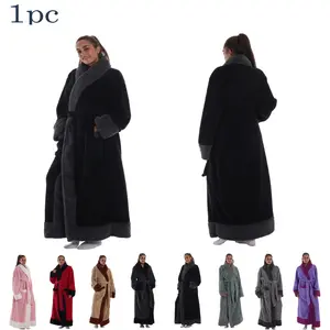 Soft Bathrobe Sleepwear Wearable Blanket Winter Warm Solid Color Unisex Robe Home Clothing Fleece Jacket with Pockets Hand Wash Suit For Chirstmas & New Year Gift