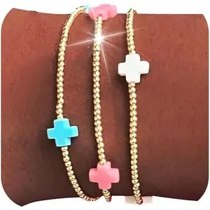 ChicBijoux S Gold Bracelets for Women Stack Non Tarnish Cross Pearl Stretch Beaded Bracelets Jewelry Birthday Gifts for Women Easter Basket Stuffers