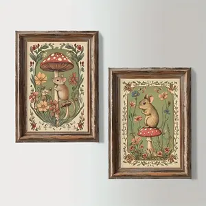 Vintage-style folk wall decoration featuring forest mice and mushrooms, 2D flat canvas poster, Vintage Prints, decorative artwork, suitable for home and office decor, Home Decor Products