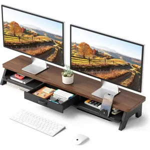 Dual Monitor Stand Riser,LED 2-Tier 39.3 Inch Computer Monitor Stand for 2 Monitors,Office Desktop Organizer with Storage Drawer and Phone Holder for Laptop,PC,Computer,Printer,Walnut