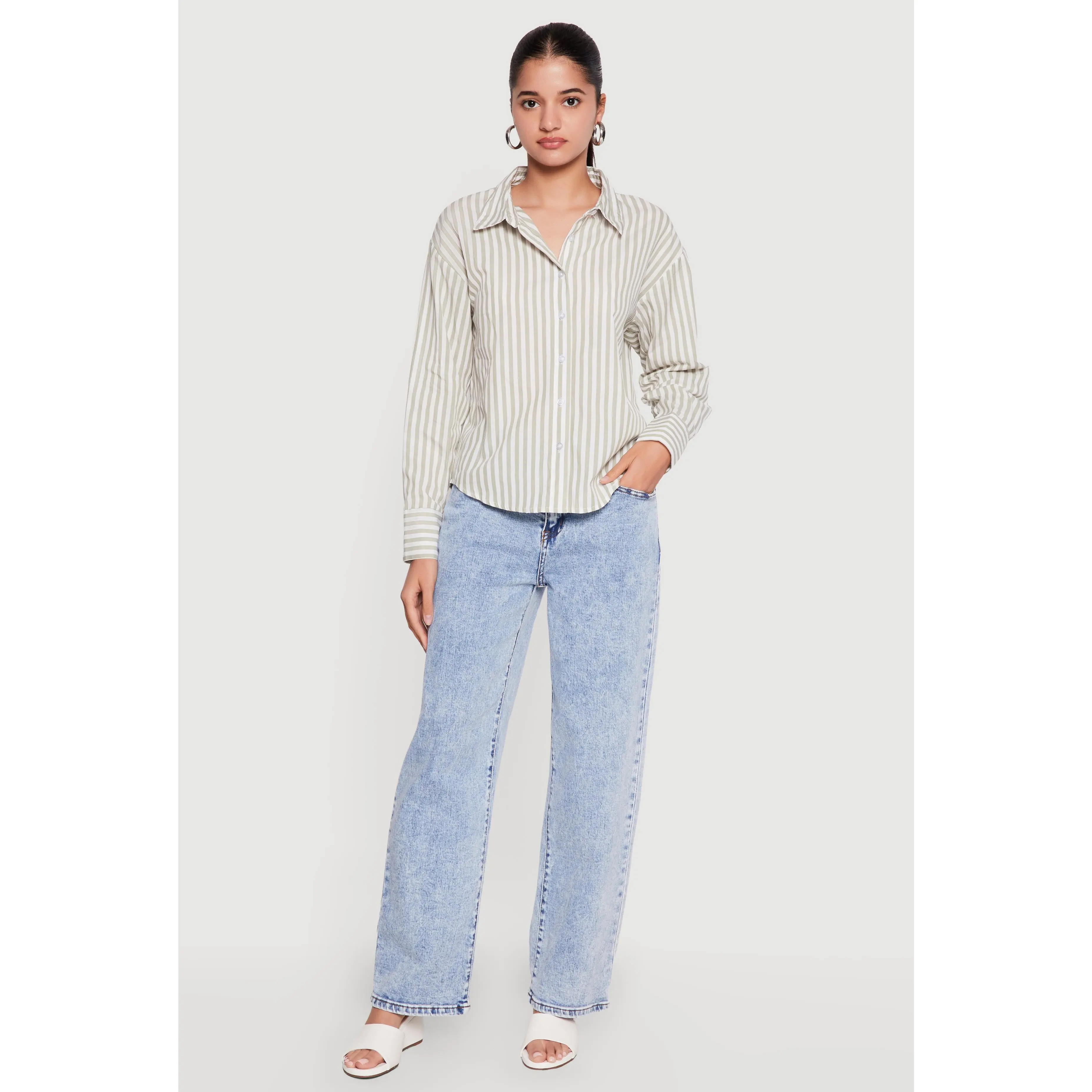 Striped Button Front Long Sleeve Blouse