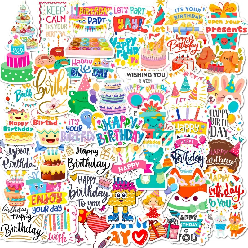 50 Happy Birthday Party Decorative Stickers, Cute Happy Birthday Cartoon Creative iPad Party Decoration Graffiti Stickers