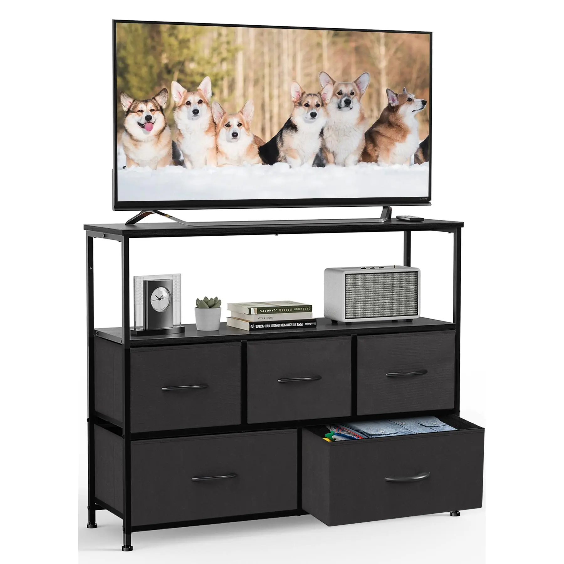 Lockers for Bedroom with 5 Fabric Drawers, Tall Chest Organizer Units for Clothing, Closet, Kidsroom, Storage Tower with Cabinet, Metal Frame, Lightweight Nursery Furniture